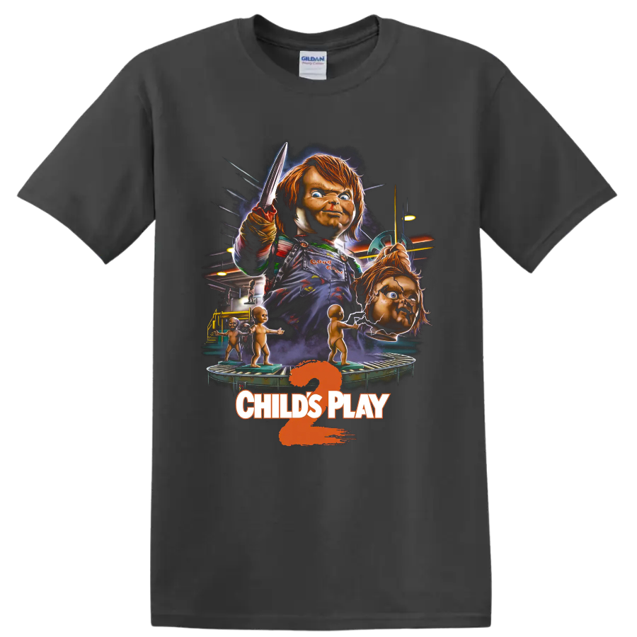 Chucky Child's Play 2 killer doll horror graphic with knife on a Charcoal T Shirt