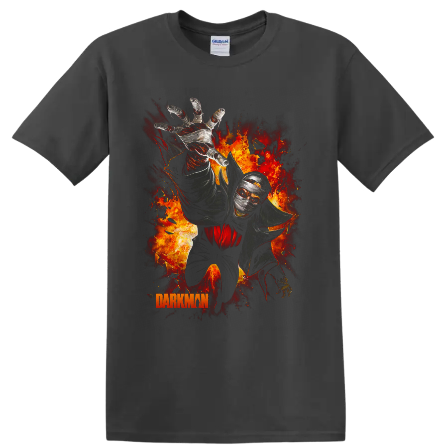 Darkman bandaged vigilante reaching through flames graphic print on a Charcoal T Shirt