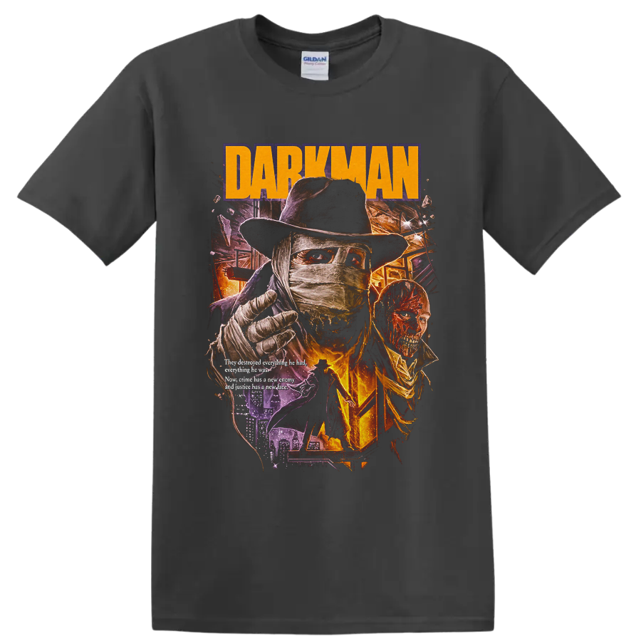 Darkman bandaged vigilante retro horror poster with DARKMAN text on a Charcoal T Shirt