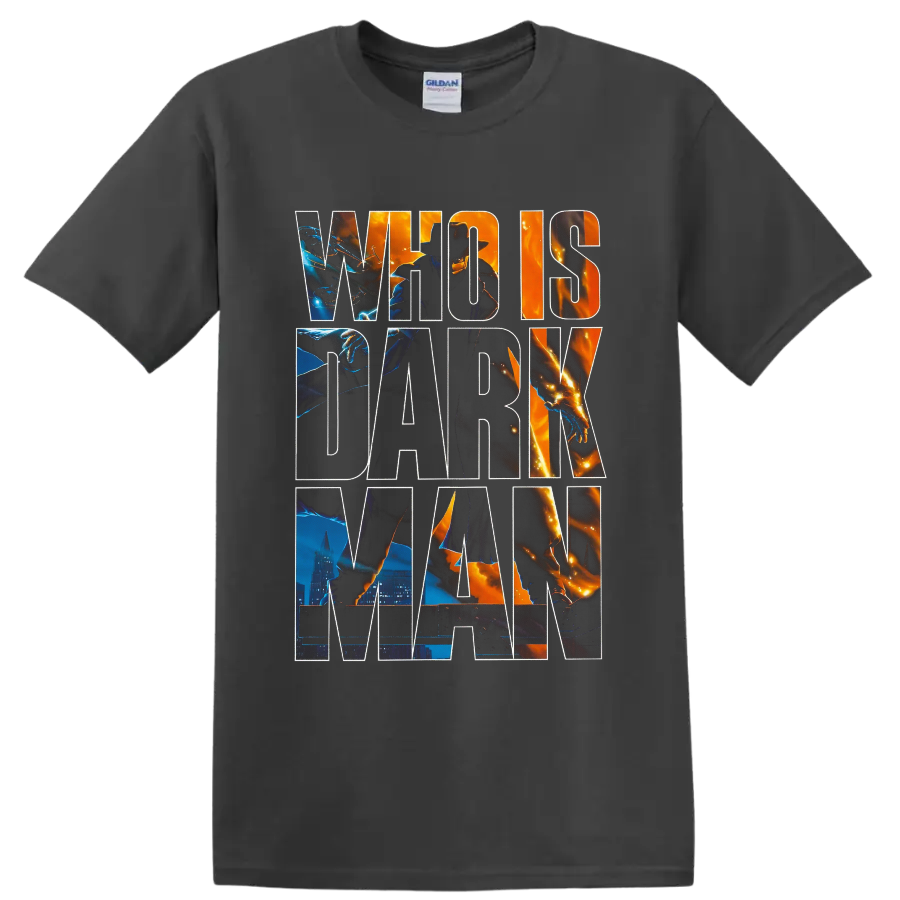 Darkman vigilante graphic with fiery city scenes and oversized lettering on a Charcoal T Shirt