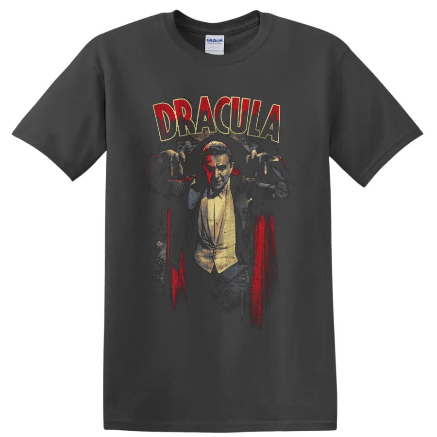 Dracula vampire character distressed Gothic horror graphic on a Charcoal T Shirt