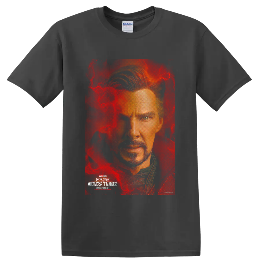 Doctor Strange sorcerer portrait graphic print with magical energy on a Charcoal T Shirt