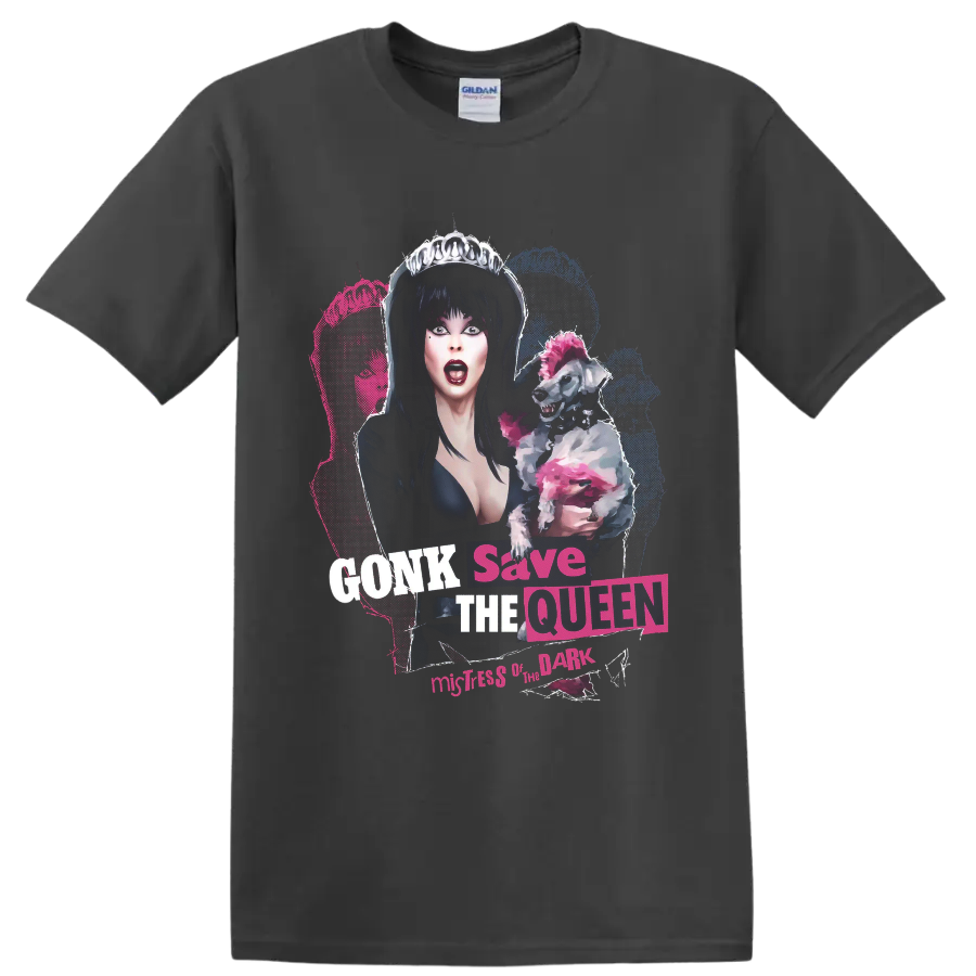 Elvira gothic queen with pink punk dog and GONK Save the Queen text on a Charcoal T Shirt