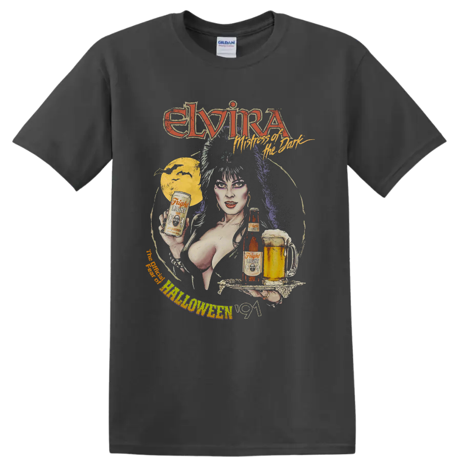 Elvira Mistress of the Dark vintage Halloween graphic with moon and beer on a Charcoal T Shirt