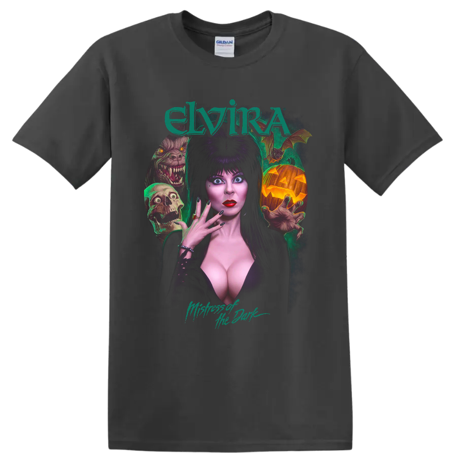 Elvira Mistress of the Dark gothic horror portrait with monsters on a Charcoal T Shirt