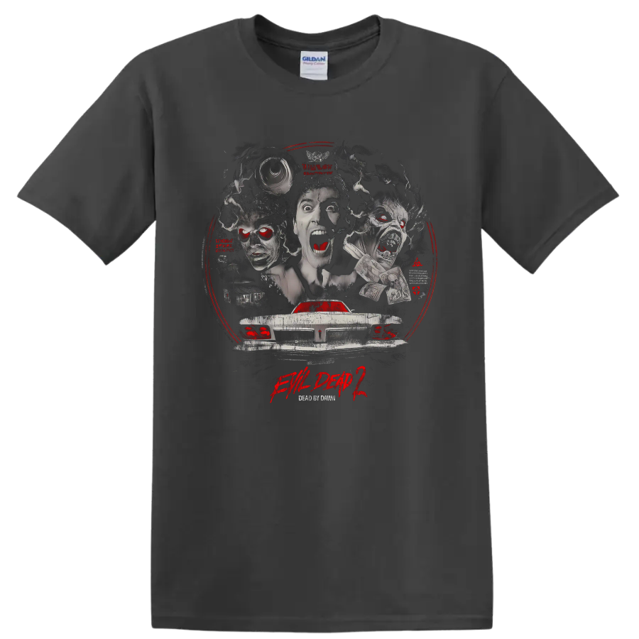 Evil Dead 2 distressed horror collage with screaming faces and demon car on a Charcoal T Shirt