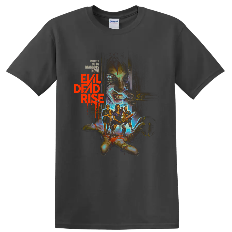 Evil Dead Rise horror graphic with possessed face, survivors, and chainsaw on a Charcoal T Shirt