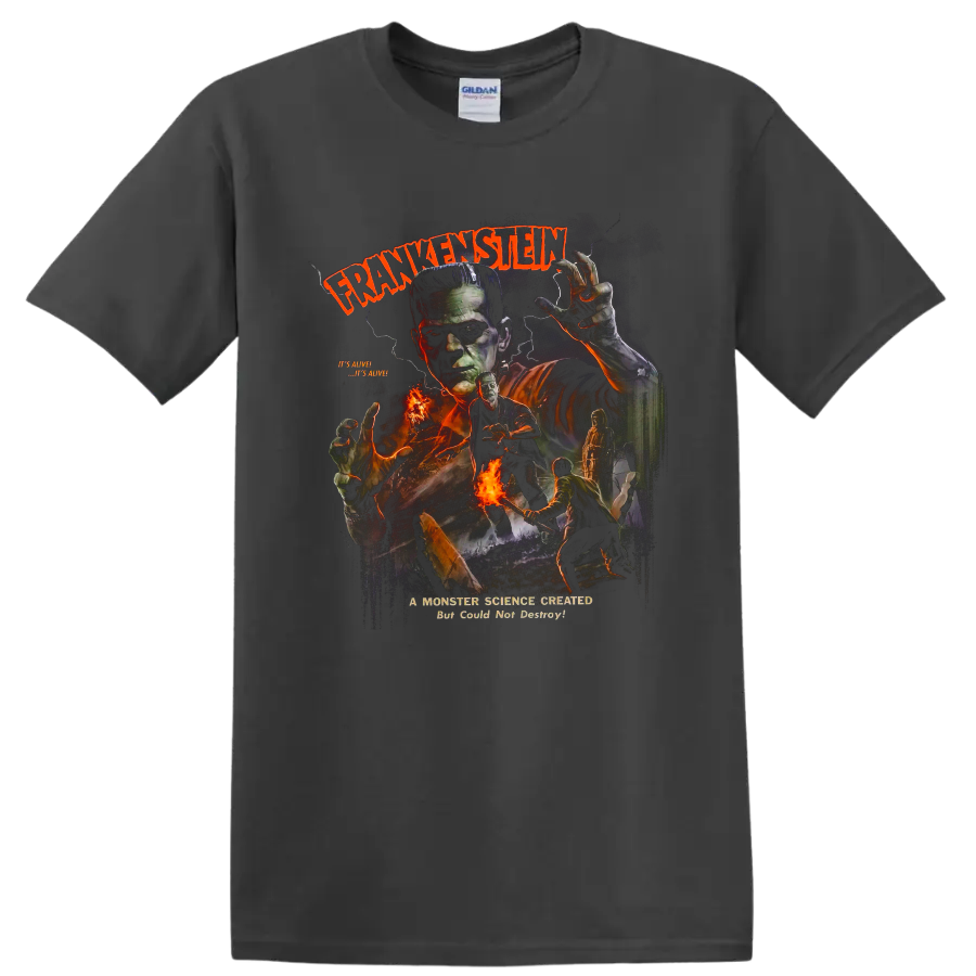 Frankenstein's Monster vintage gothic horror graphic with lightning and fire on a Charcoal T Shirt