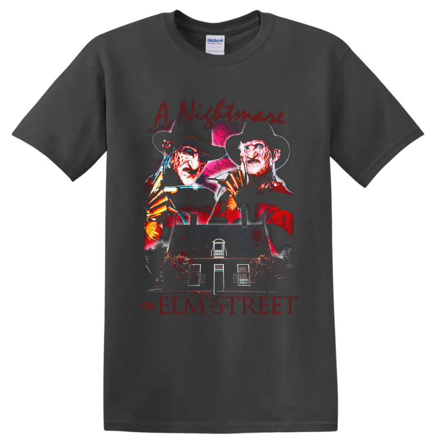 Freddy Krueger A Nightmare on Elm Street distressed horror graphic with house on a Charcoal T Shirt