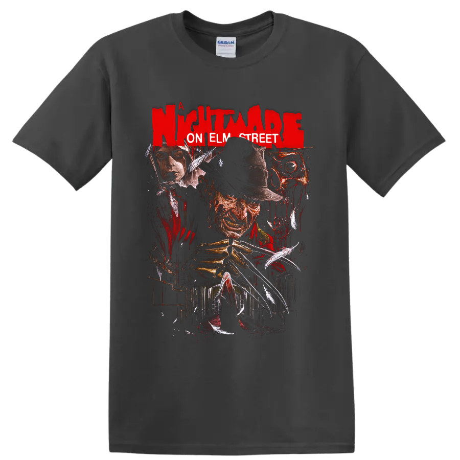 Freddy Krueger horror collage with clawed glove and Nightmare on Elm Street text on a Charcoal T Shirt