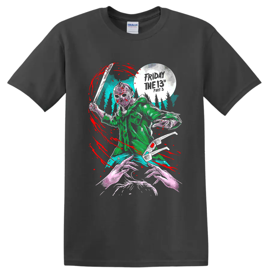 Friday the 13th masked slasher with machete beneath a full moon on a Charcoal T Shirt