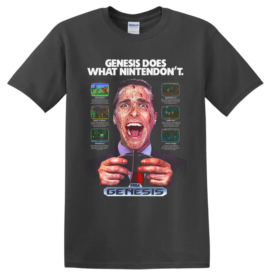 Patrick Bateman American Psycho Genesis retro gaming parody graphic on a Charcoal T Shirt
