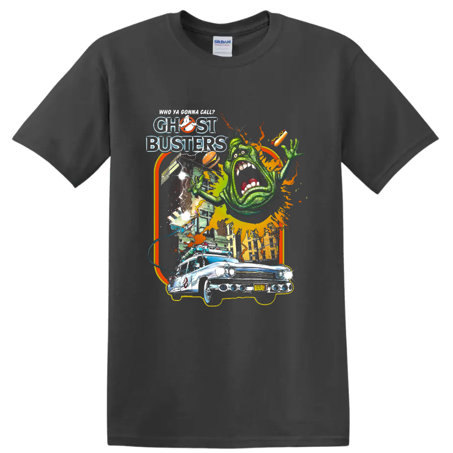 Ghostbusters Slimer and Ecto-1 retro graphic with movie lettering on a Charcoal T Shirt