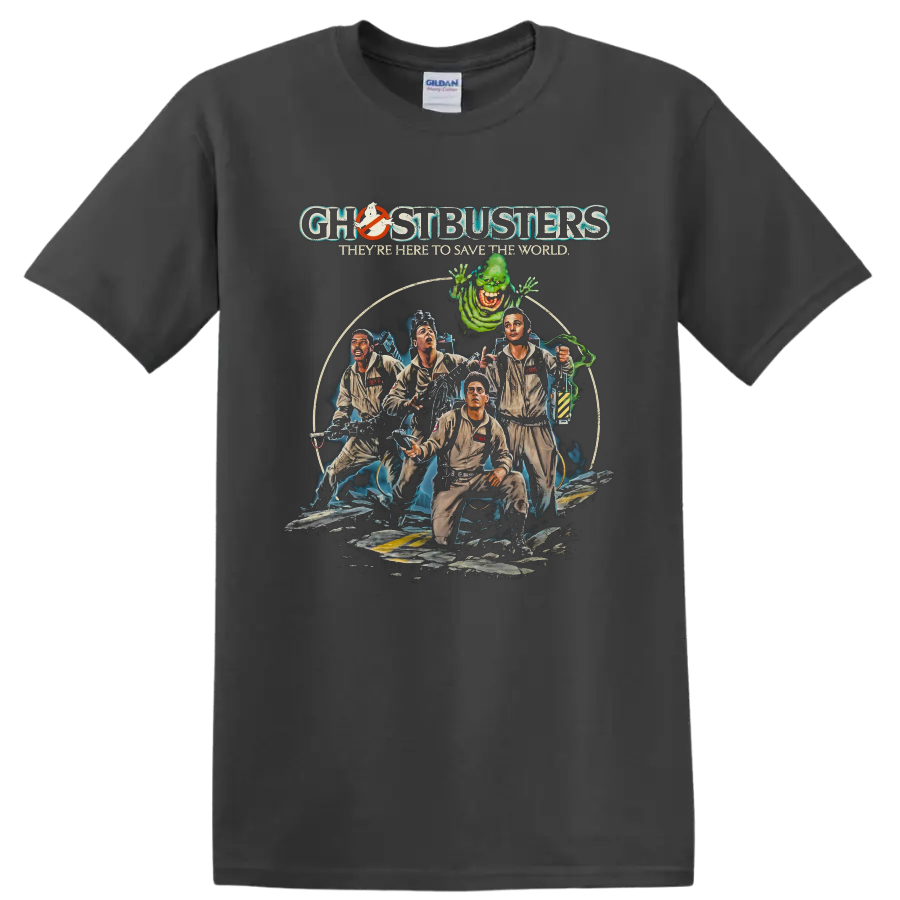 Ghostbusters II team and Slimer retro movie graphic with Ghostbusters text on a Charcoal T Shirt