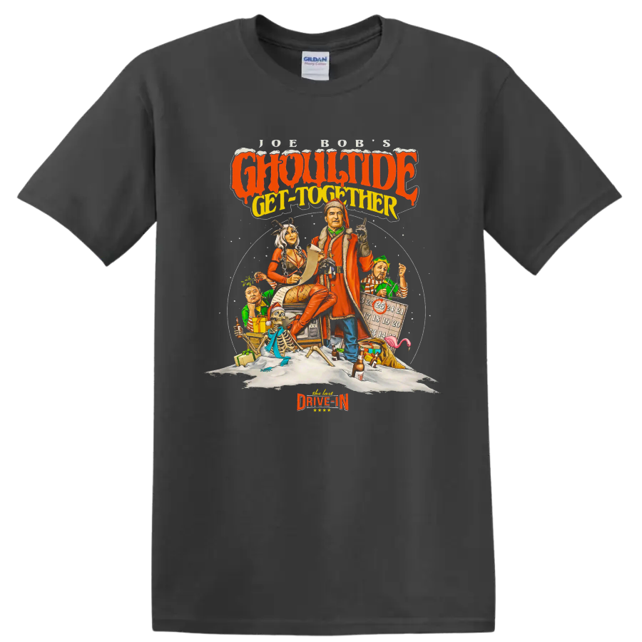 Ghoultide Get-Together retro horror party graphic on a Charcoal T Shirt