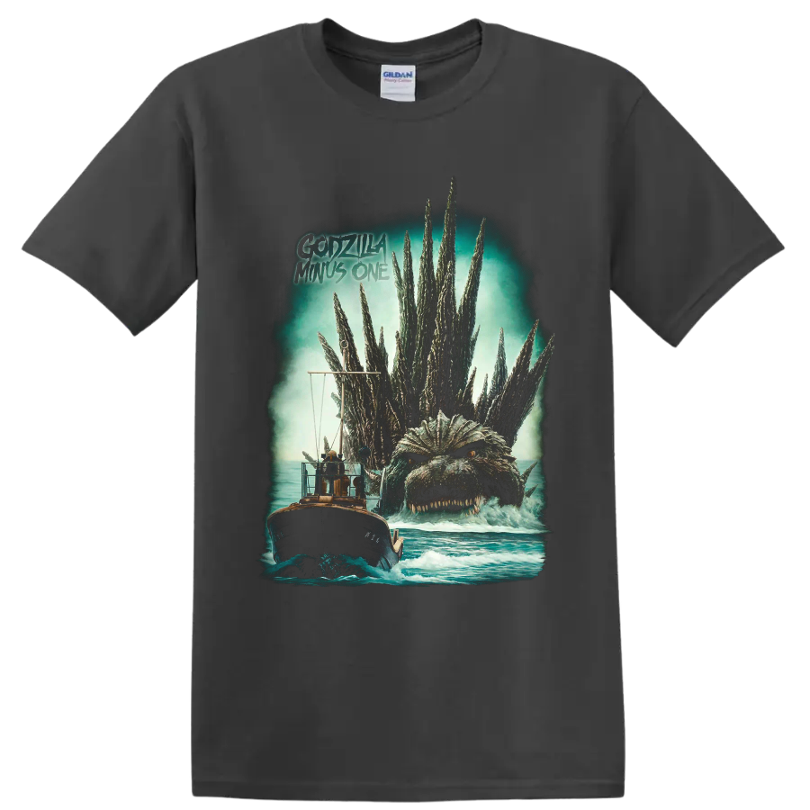 Godzilla rising behind a boat, vintage ocean horror graphic with title text on a Charcoal T Shirt