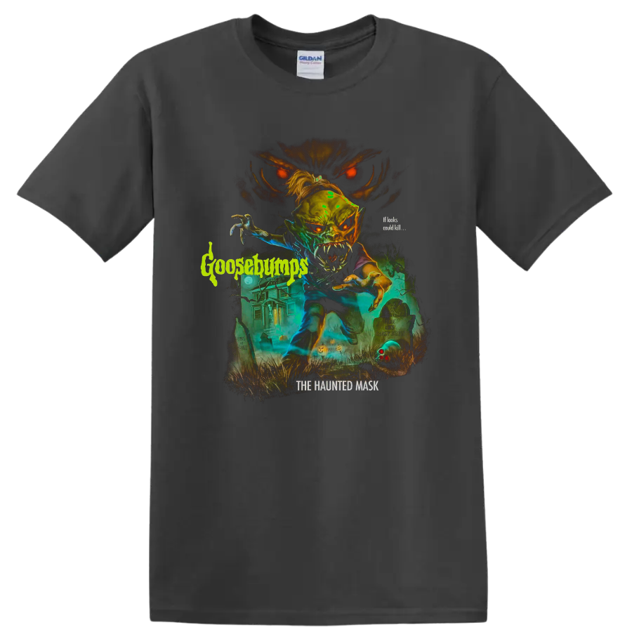 Goosebumps haunted mask monster graveyard graphic with glowing red eyes on a Charcoal T Shirt
