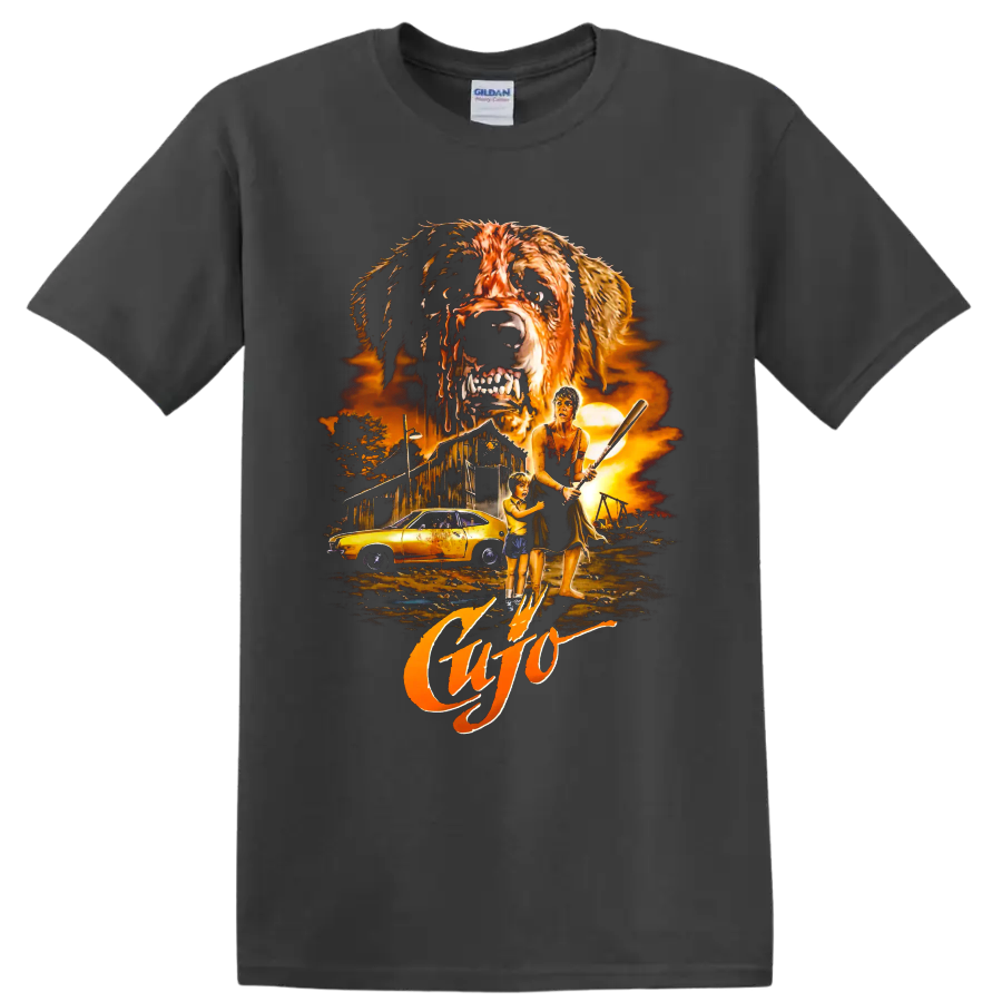 Cujo horror movie graphic with rabid dog, barn, car, woman, and child on a Charcoal T Shirt