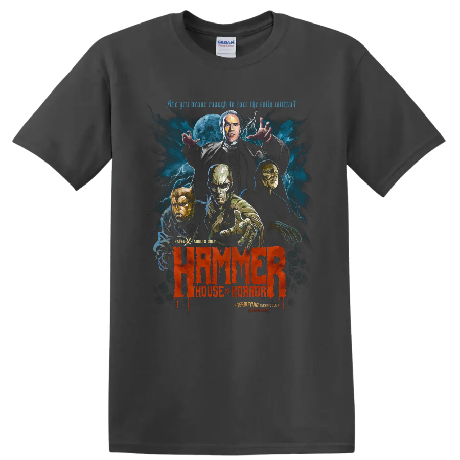 Hammer House of Horror monster poster art with moon, lightning, and red lettering on a Charcoal T Shirt
