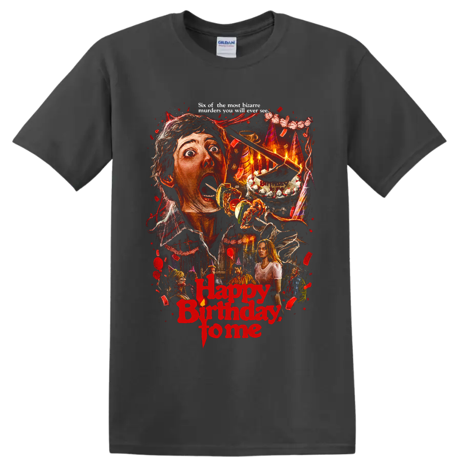 Happy Birthday to Me horror movie collage with birthday cake and red lettering on a Charcoal T Shirt