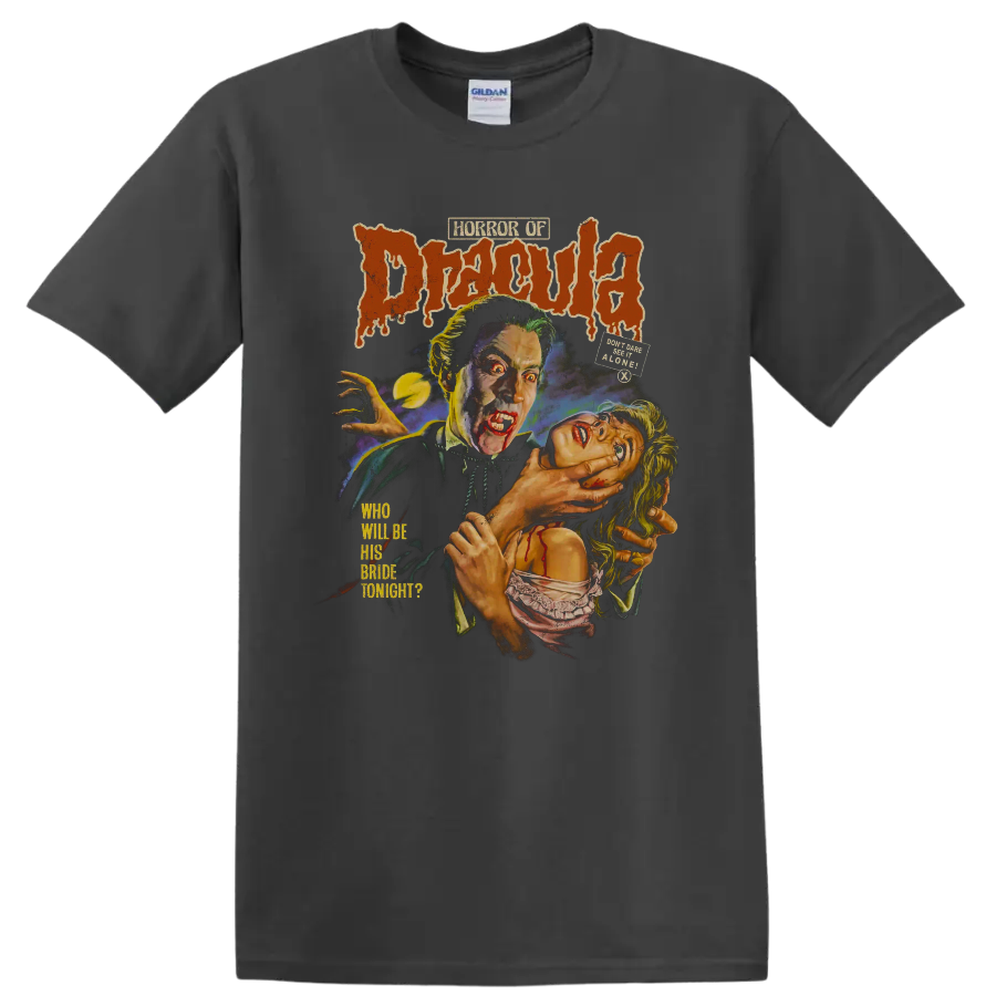 Horror of Dracula vintage gothic vampire movie poster graphic on a Charcoal T Shirt