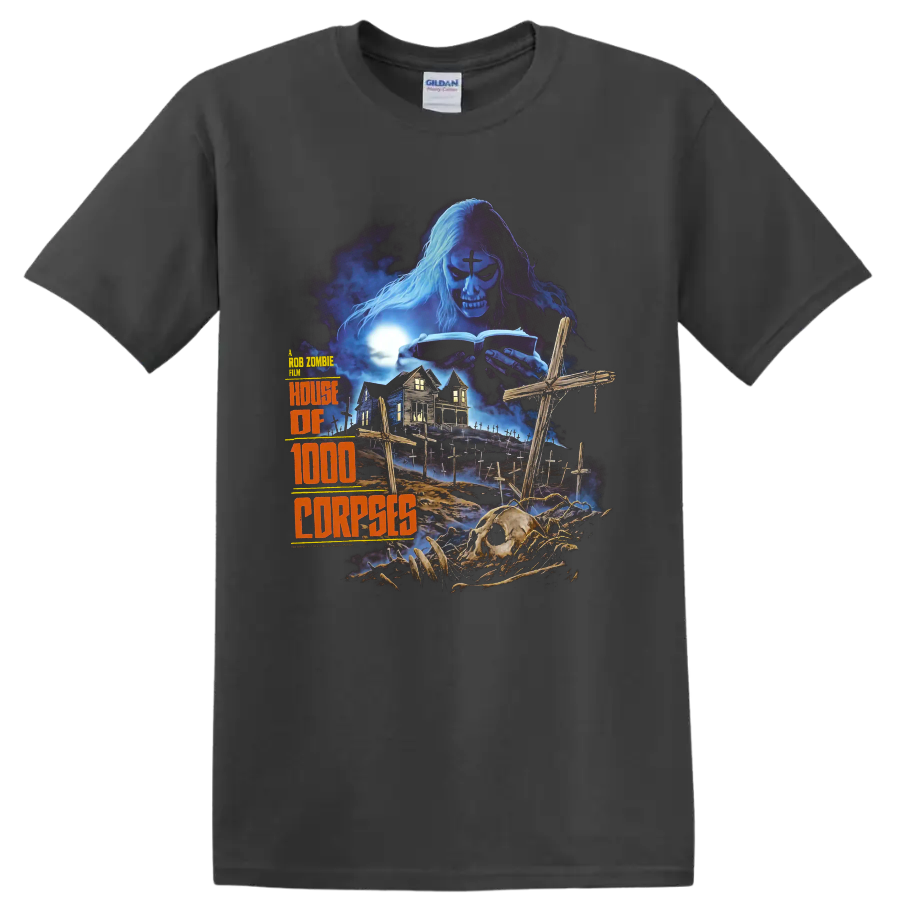 House of 1000 Corpses gothic graveyard artwork with skeleton and haunted house on a Charcoal T Shirt