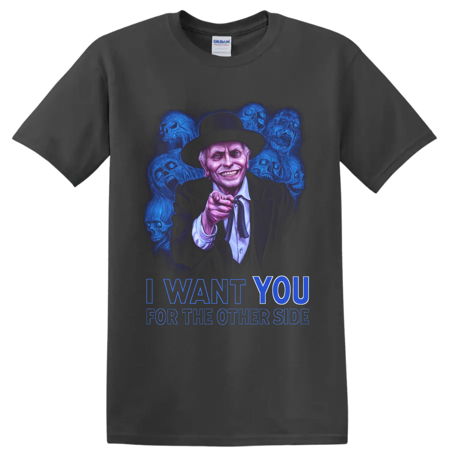 Poltergeist II preacher horror art with blue skulls and I Want You text on a Charcoal T Shirt