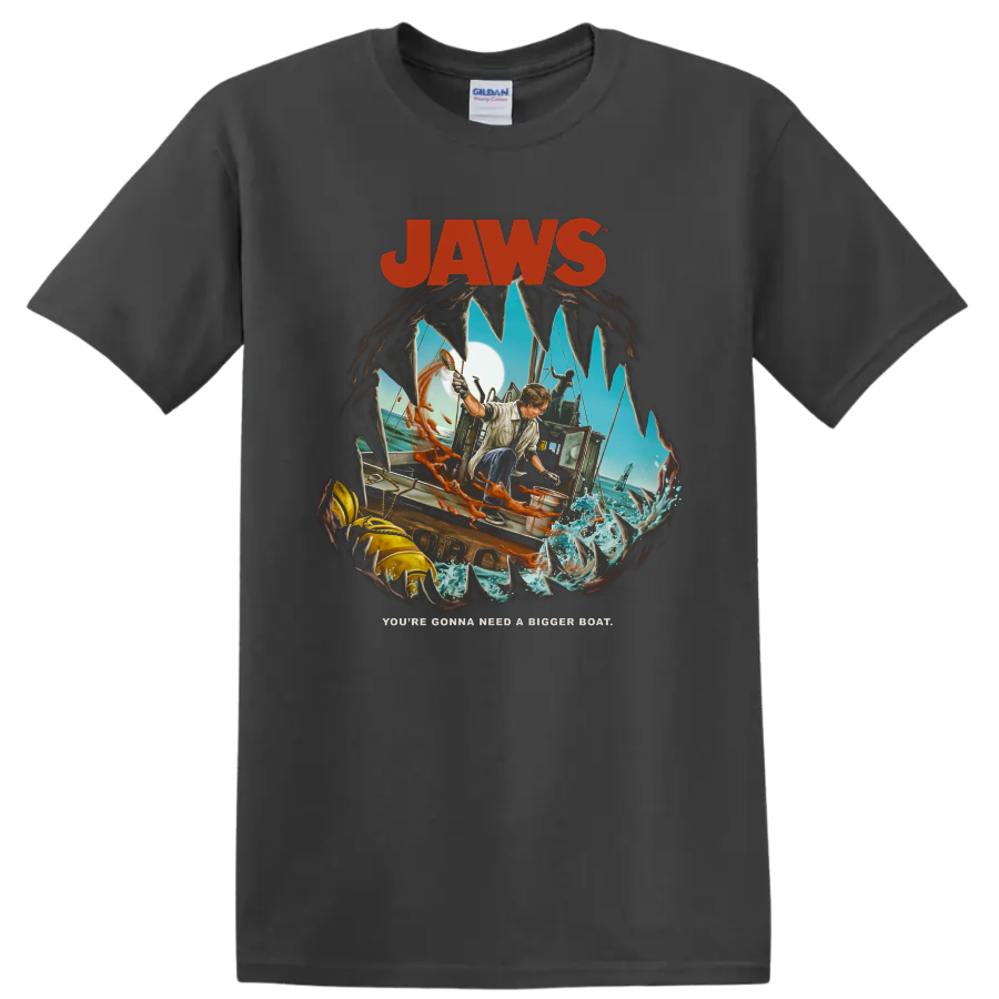 Jaws: The Revenge shark fishing boat graphic with You're Gonna Need a Bigger Boat on a Charcoal T Shirt