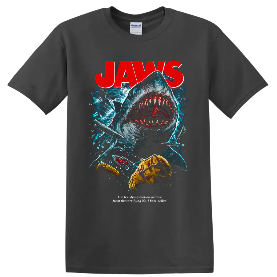 Jaws shark attack graphic print with diver and underwater horror artwork on a Charcoal T Shirt