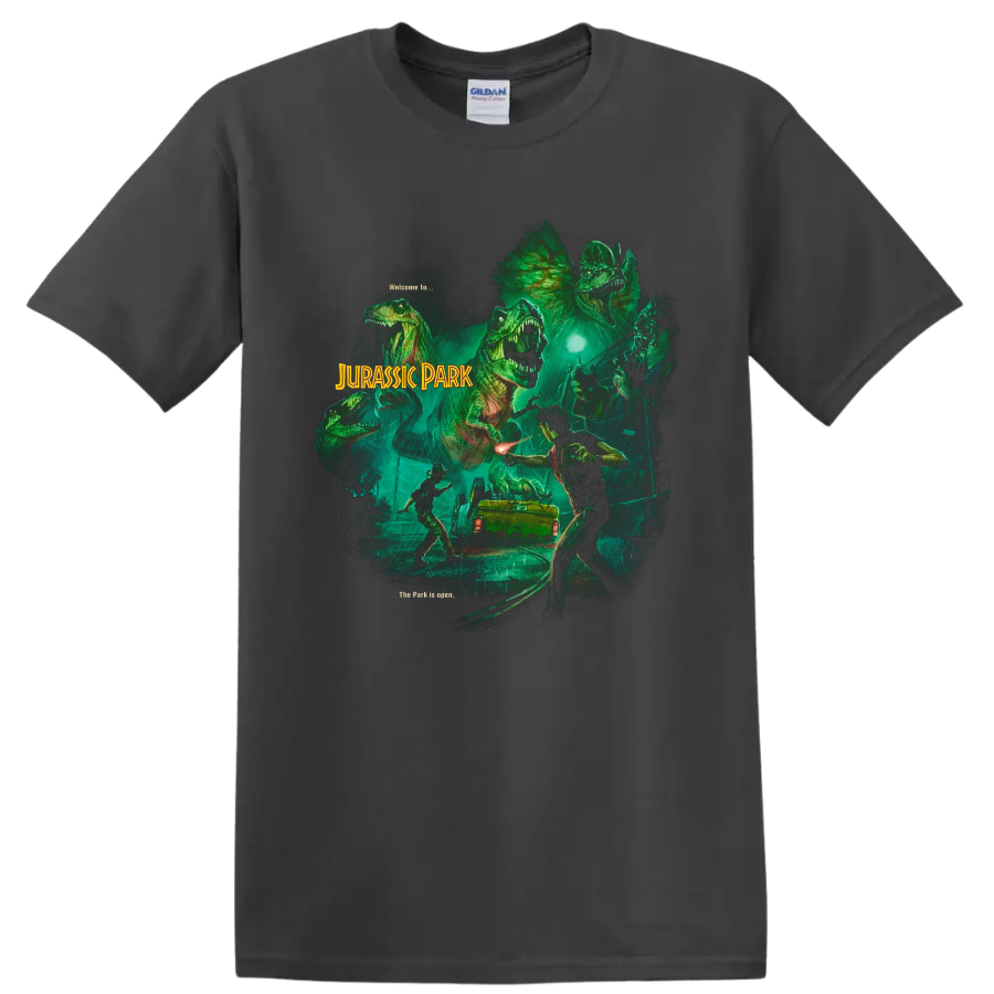 Jurassic Park dinosaur escape graphic with rainy jungle scene and movie lettering on a Charcoal T Shirt