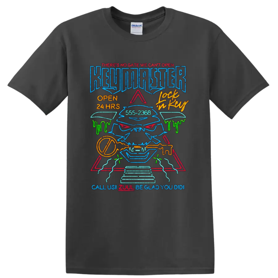 Ghostbusters neon gatekeeper graphic with key and retro lettering on a Charcoal T Shirt