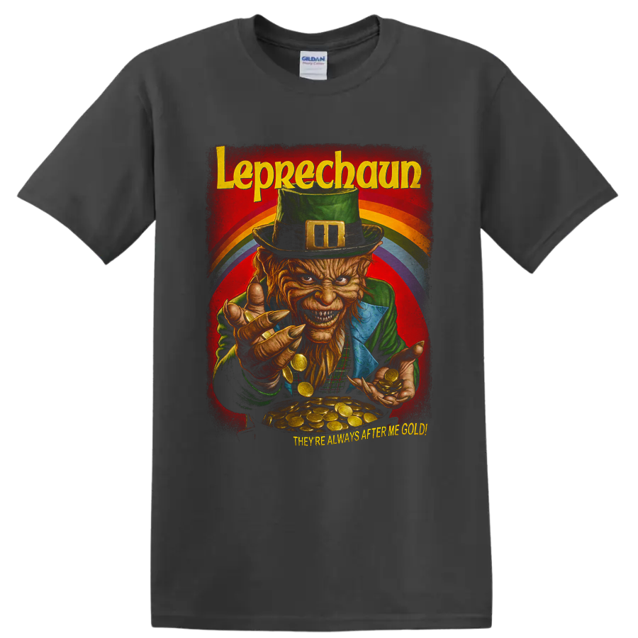 Leprechaun horror movie graphic with gold coins and rainbow on a Charcoal T Shirt