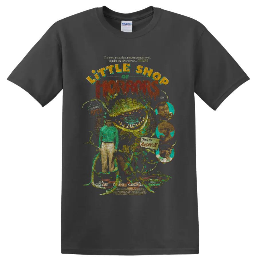 Little Shop of Horrors retro carnivorous plant horror collage on a Charcoal T Shirt