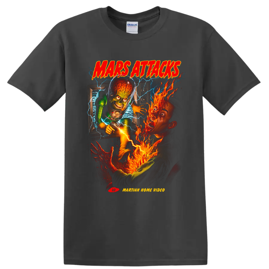 Mars Attacks! Martian invasion graphic with flames, lightning, and retro lettering on a Charcoal T Shirt