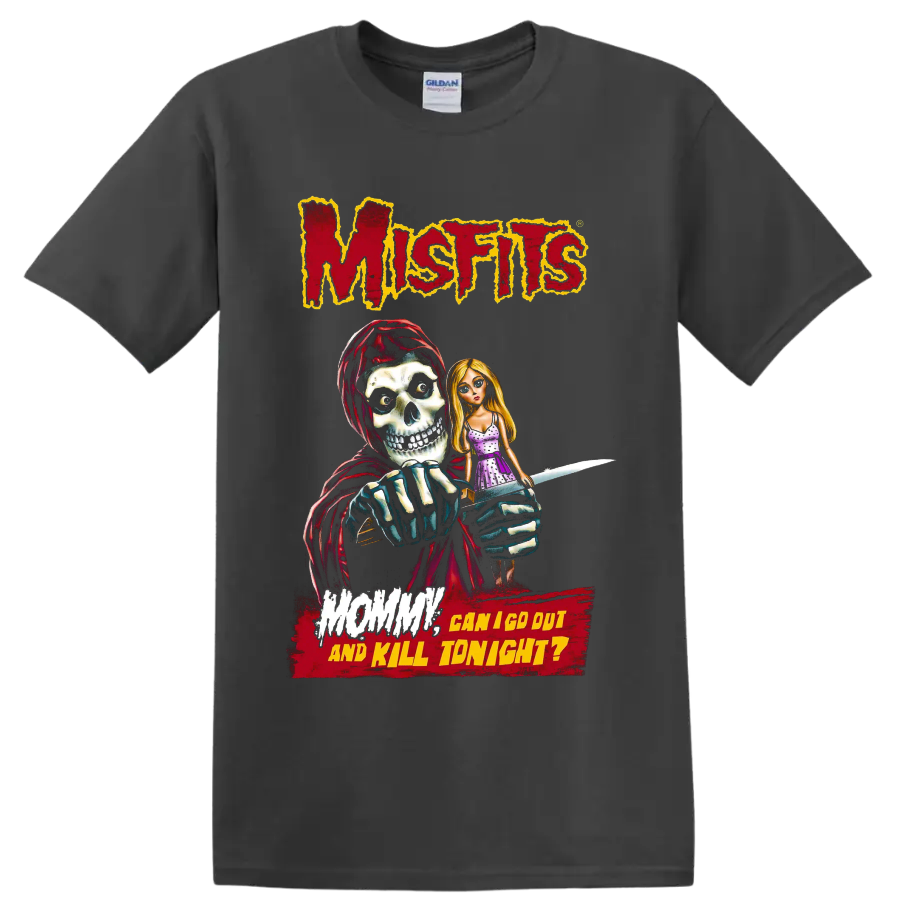 Misfits horror graphic with hooded skull, blonde doll, knife, and distressed text on a Charcoal T Shirt