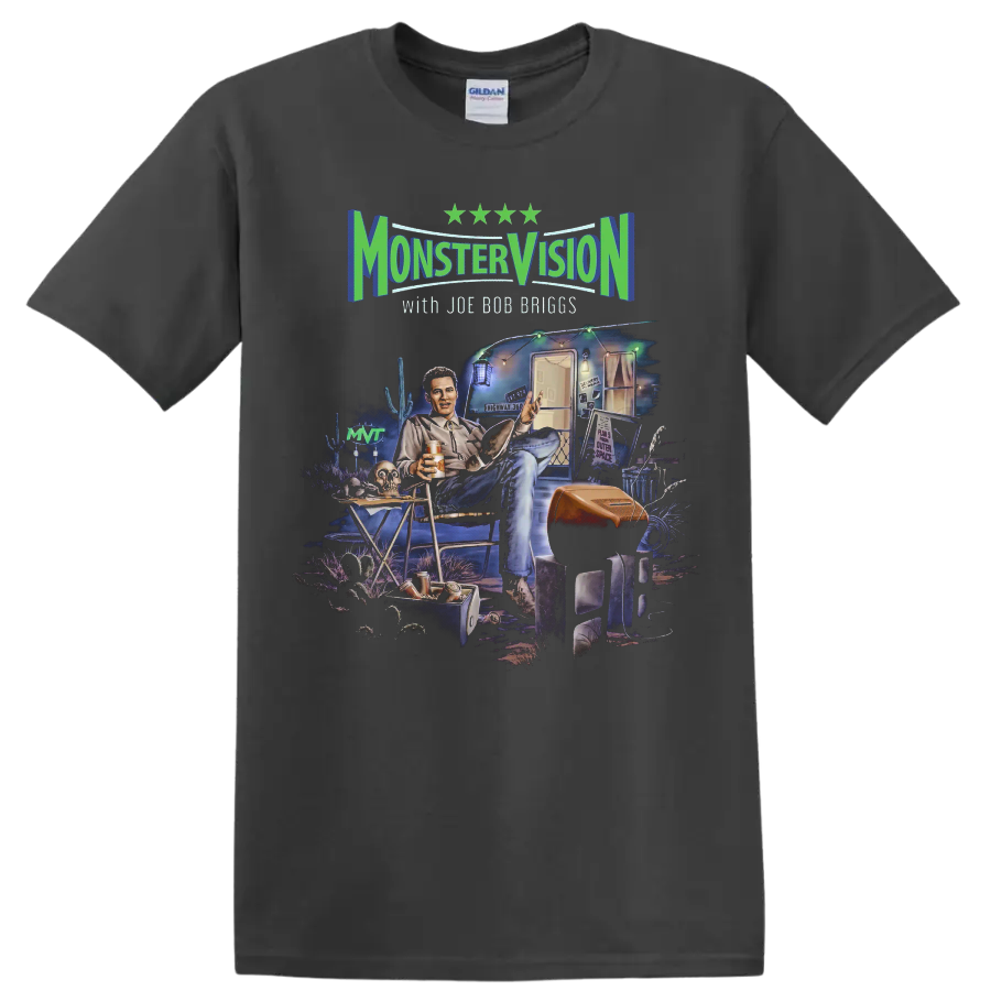 Monster Vision with Joe Bob Briggs trailer scene graphic print on a Charcoal T Shirt
