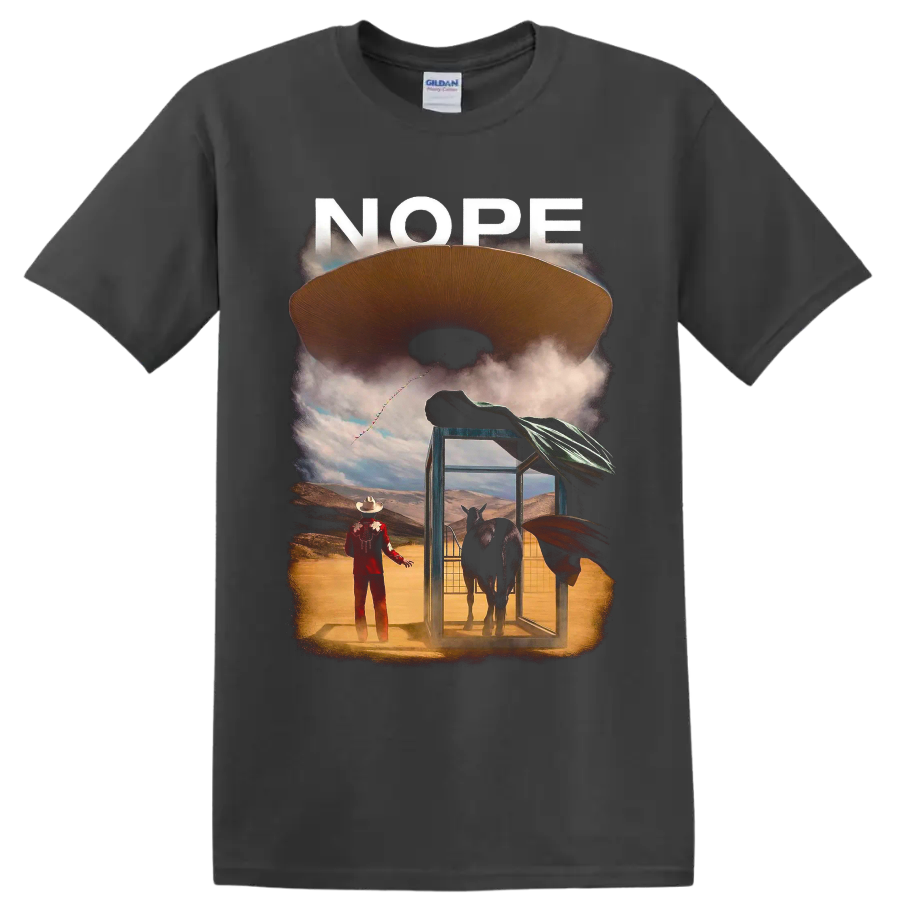 Nope movie graphic with flying saucer, horse ranch scene, and NOPE text on a Charcoal T Shirt