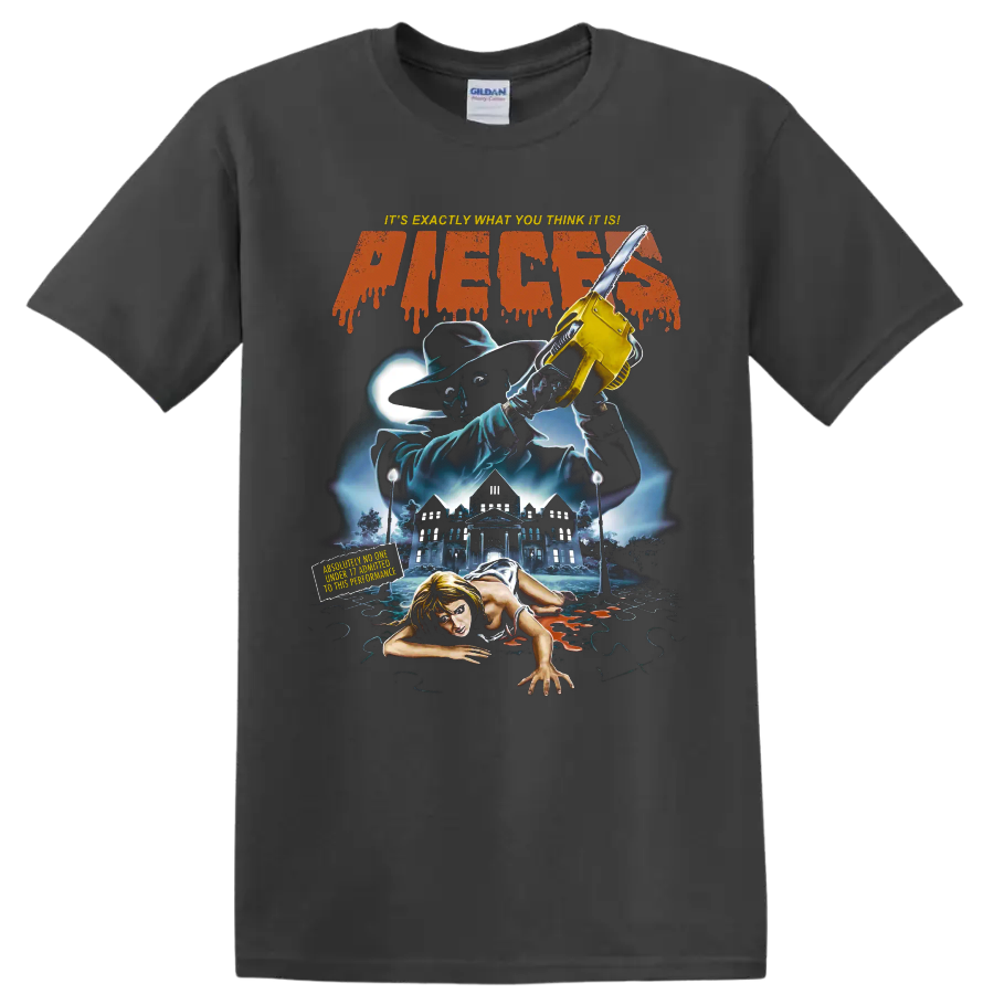 Pieces horror movie graphic with chainsaw, haunted mansion, and slasher artwork on a Charcoal T Shirt