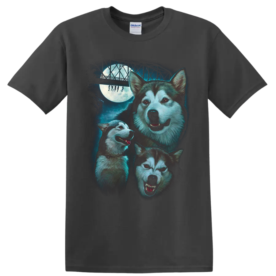 Three huskies under a full moon and bridge in horror movie art on a Charcoal T Shirt