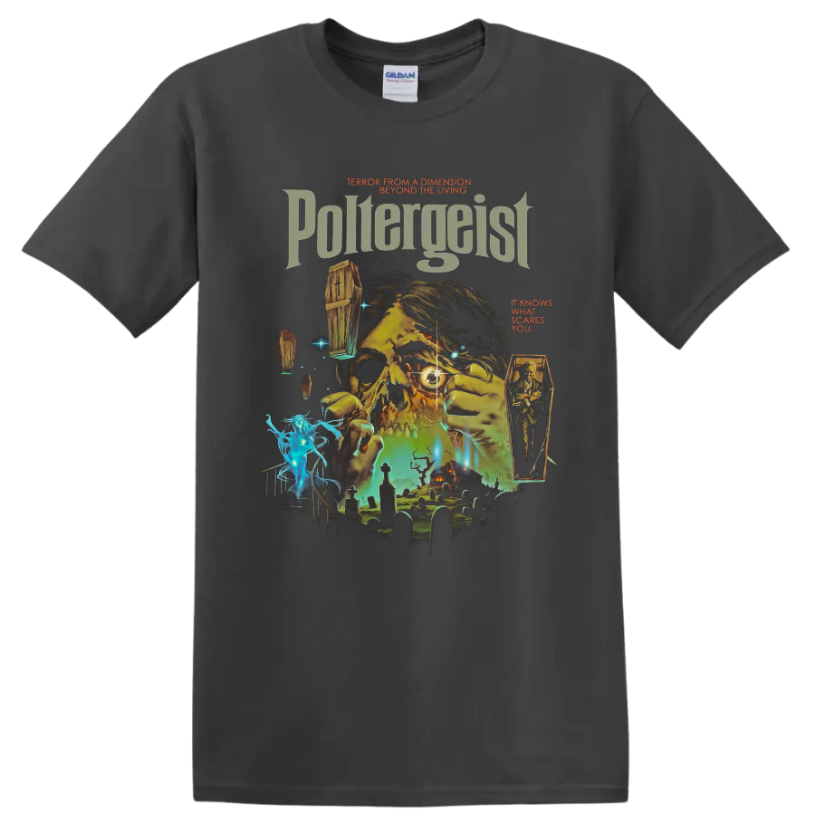 Poltergeist distressed horror collage with haunted house and cemetery on a Charcoal T Shirt