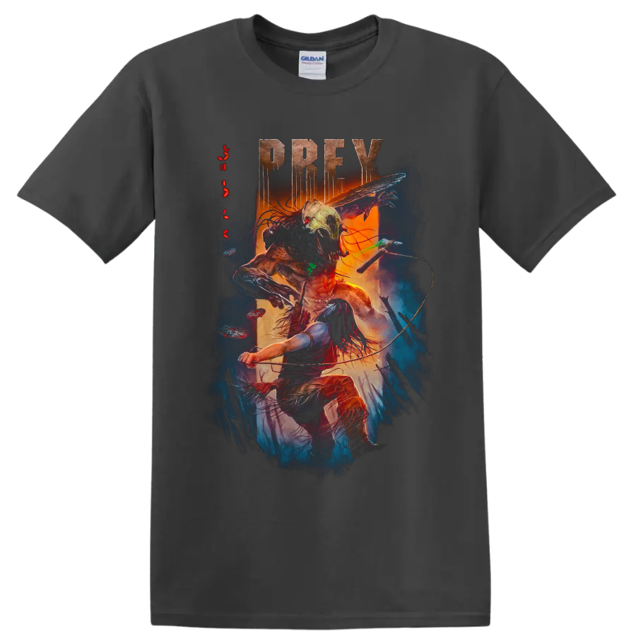 Prey graphic print of warrior battling a masked alien hunter on a Charcoal T Shirt