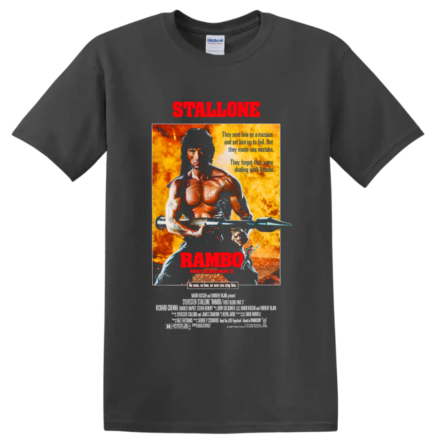 Rambo First Blood Part II fiery vintage movie poster graphic on a Charcoal T Shirt