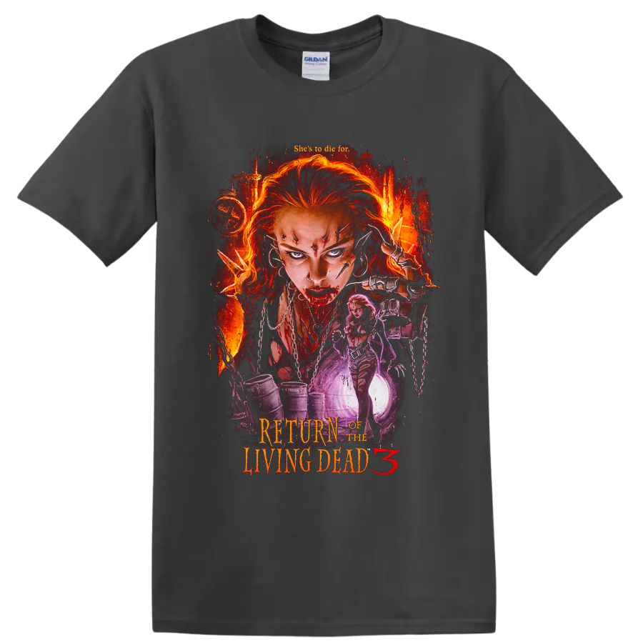 Return of the Living Dead 3 fiery zombie horror graphic with red-haired woman on a Charcoal T Shirt