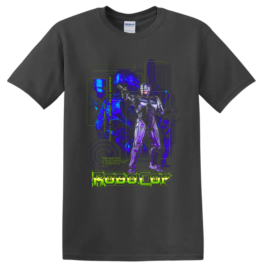 RoboCop cybernetic police officer neon sci-fi artwork with ROBOCOP text on a Charcoal T Shirt