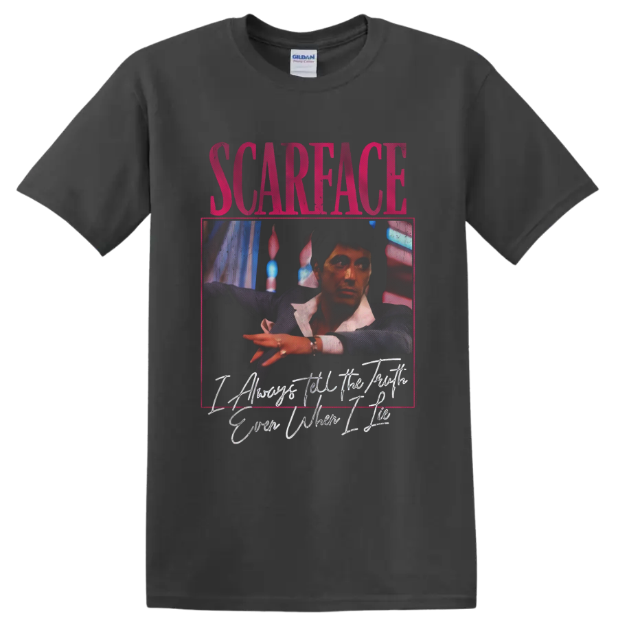 Scarface vintage crime drama portrait graphic with distressed lettering on a Charcoal T Shirt