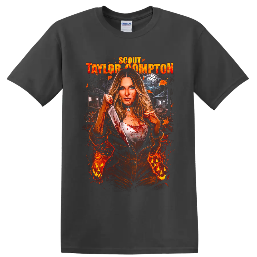 Laurie Strode horror graphic with Scout Taylor-Compton text on a Charcoal T Shirt