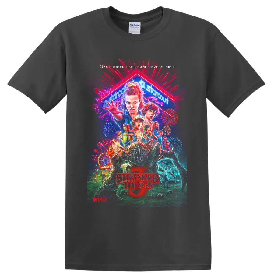 Stranger Things 2 retro neon horror poster character collage on a Charcoal T Shirt