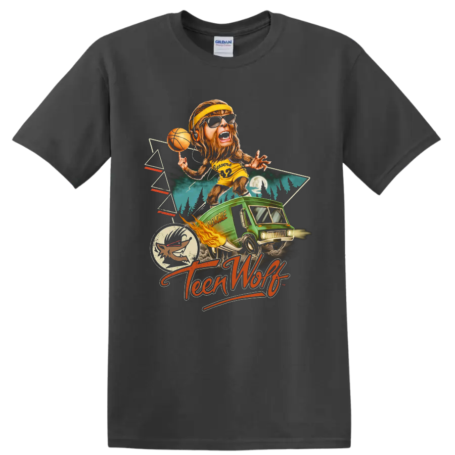 Teen Wolf Too retro basketball werewolf graphic with green van on a Charcoal T Shirt