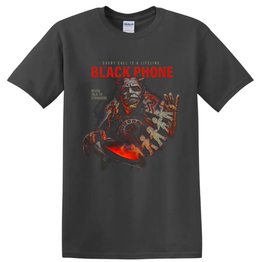 The Black Phone masked villain and rotary phone horror graphic print on a Charcoal T Shirt