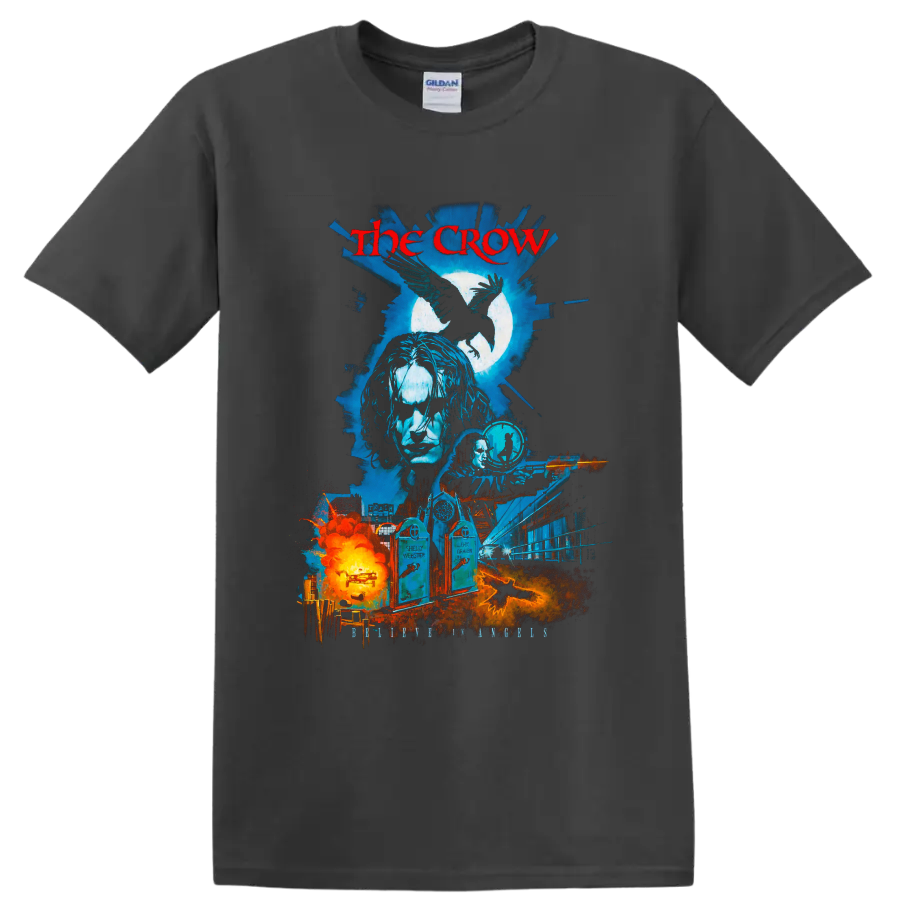 The Crow gothic raven movie collage with moon, cityscape, and fiery graphic on a Charcoal T Shirt